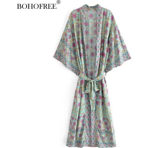 Green Floral Print Sashes Boho Vintage Women bohemian V Neck batwing Sleeves happie Blouses Casual Blusas robe Kimono