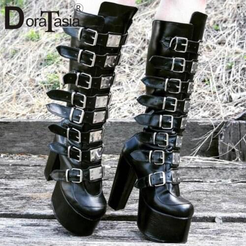 Luxury Brand Design Female Platform Goth Boots Fashion Metal Thick High Heels Boots Women Party Sexy Cosplay Punk Shoes Woman