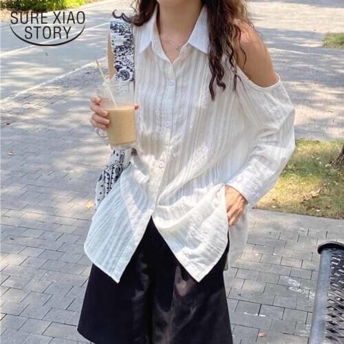 Long Sleeve Woman Shirts Korean Style Single Breasted Blouses Women White Tops Blusas Off-Shoulder Tops Autumn Fashion 10959