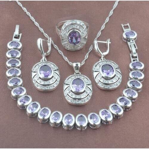 Bridal Jewelry Purple Crystal Jewelry Sets White Zirconia Womens Accessories Bracelet Necklace Pendant Earrings Ring YZ01