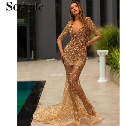 SoAyle Mermaid Sweetheart Crystals Bling Bling Evening Dresses Beaded Long Sleeves Illution Shinny Luxury Glitter Prom Dresses