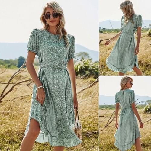 Summer A-Line Floral Print Short Sleeve Women Dress Vintage O-Neck Holiday Dress Elegant Ruffle Casual Lady Midi Dress