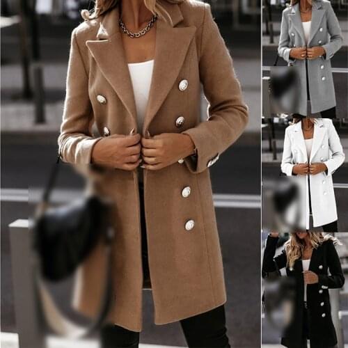 Autumn Winter Women Elegant Woolen Coat Lady Office Simple Solid Casual Double Breasted Turn-down Collar Female Long Woolen Coat