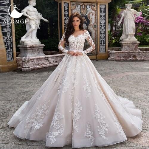 Aedmgh Ball Gown Wedding Dresses 2021 Sweetheart Long Sleeve Court Train Vestido De Novia Gorgeous Applique Princess Bride Dress