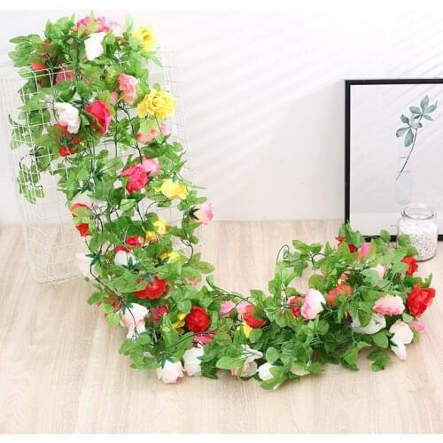 2.4m Silk Artificial Roses Flowers Rattan String Vine with Green Leaves for Home Wedding Garden Decoration Hanging Garland Wall