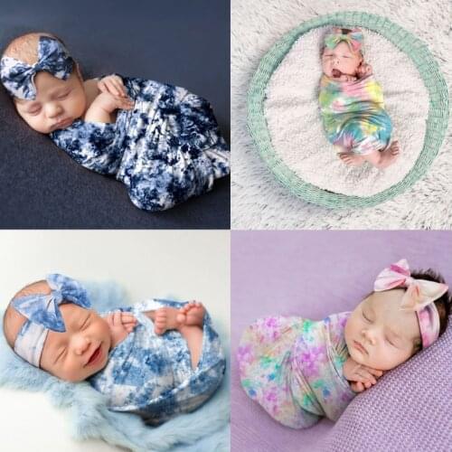 28EC 2 Pcs Baby Gradient Printed Receiving Blanket Headband Set Swaddle Wrap Hair Band Headwrap Newborn Photography Props