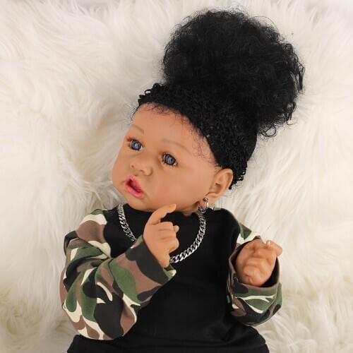 22inch About 56cm Reborn Doll With Heartbeat America Black Dolls Baby Realistic Full Body Silicone Newborn Babies Doll Blue Eyes