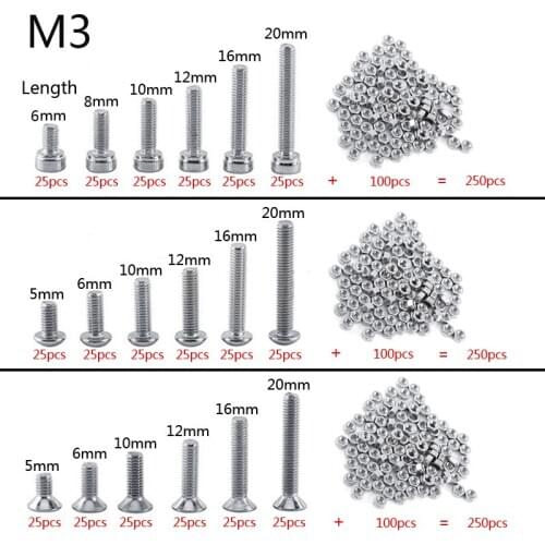 250pc/set A2 Stainless Steel M3 Cap/Button/Flat Head Screws Sets Hex Socket Bolt With Hex Nuts Assortment Kit