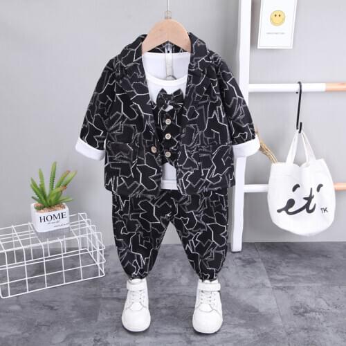 Children Baby Clothes Kids Printe Wedding Formal Long Sleeve Suit T-shirt Pants 3Pcs/Sets Toddler Boys Cotton Clothing Infant