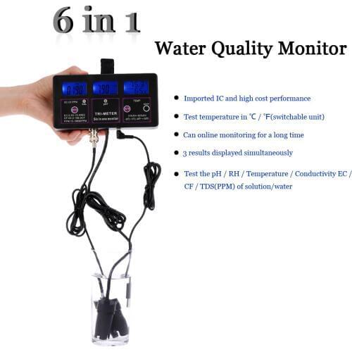 6 in 1 Multiparameter Water Testing Meter Digital LCD Multi-function pH / RH / EC / CF / TDS(PPM) / TEMP Water Quality Monitor