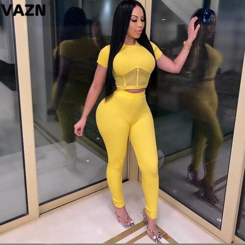 VAZN 2020 Sexy Solid Two Piece Set O-neck Bandage Sport Fitness 2 Piece Set Women Short Sleeve Summer Holiday Sets