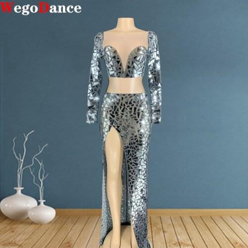 Sparkly Silver Mirror Transparent Top And Long Skirt Birthday Celebrate Outfit Prom Party Bar Women Dance Dress Set