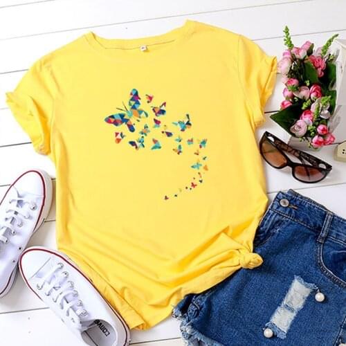 Oversized New Print Butterflies Women T-Shirt 100%Cotton Women Shirts O Neck Short Sleeve Graphic Tops Summer Pink TShirt