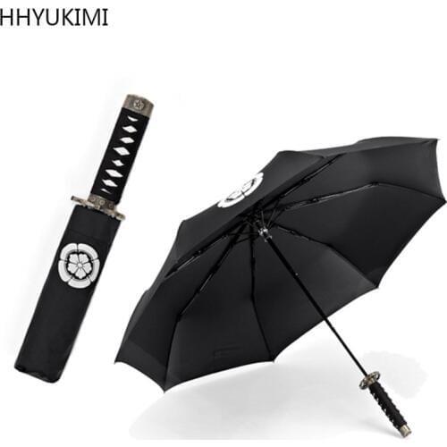 HHYUKIMI Black Glue Windproof Japanese Ninja-like Samurai Sword Umbrella Three Fold Short Handle Rain Sun Straight Umbrella Ribs