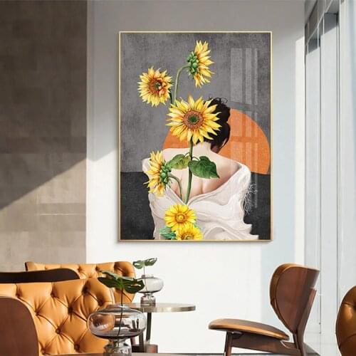 The Beautiful Girl Behind The Sunflower Canvas Painting Wall Art Nordic Posters and Prints Wall Pictures for Living Room Decor