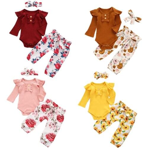 Baby spring Clothing Newborn Infant Baby Girl Clothes Causal Bodysuits Ruffles Long Sleeve Jumpsuit Headband 3Pcs Outfits 0-6M