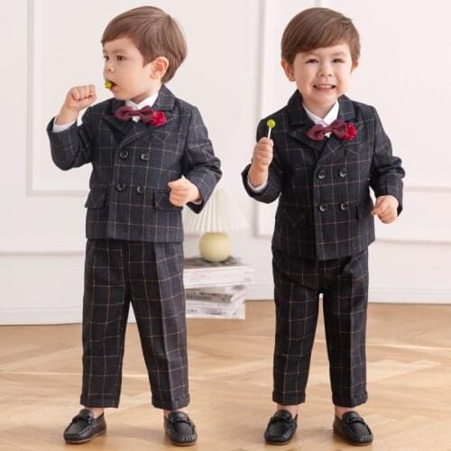 Flower Little Boys Dress Suit Set Children Plaid Blazer+Vest+Blouse+Pants+Bow Outfits Sets Kids Boy Wedding Party Clothing Suits