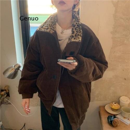 New Winter Leopard Patchwork Women Coat Corduroy Warm Loose Casual Jacket Female Outwear Elegant Tops