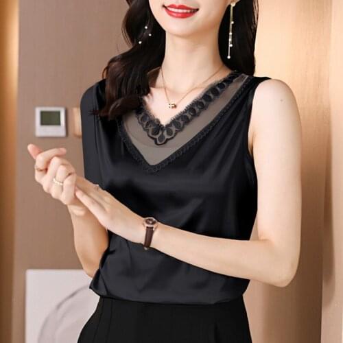 Summer Womens Tank Tops 2021 Camis Satin Off Shoulder Top Sexy Female Lace V-neck Sleeveless Solid Loose Vest