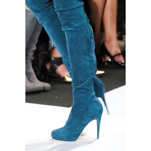 Fashion Suede Back Zipper Over The Knee Boots Round Toe High Platform Tight High Boots Stiletto Heels Dress Shoes Big Size 10
