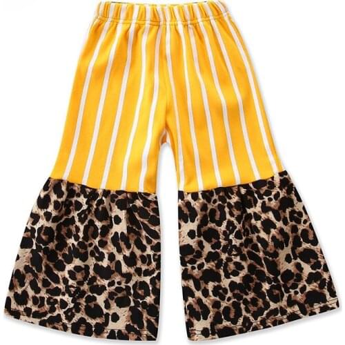 Fasion girls wide leg boot cut bell-buttom flare pants,kids fashion patchwork denim stripe leopard cheetah pants