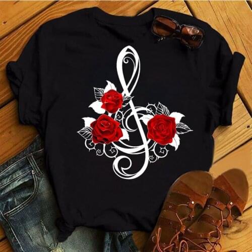 New Fashion Women Black T Shirt Red Rose Musical Note Printed T Shirt Harajuku Cute Graphic Tee Shirt Female Ladies Casual Tops