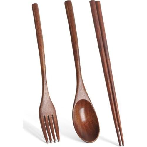 1Pairs Chopstick Spoons Fork Handmade Japanese Natural Wood Chopsticks Spoon Set With Gift Pocket Bamboo Chopstick Dropshipping