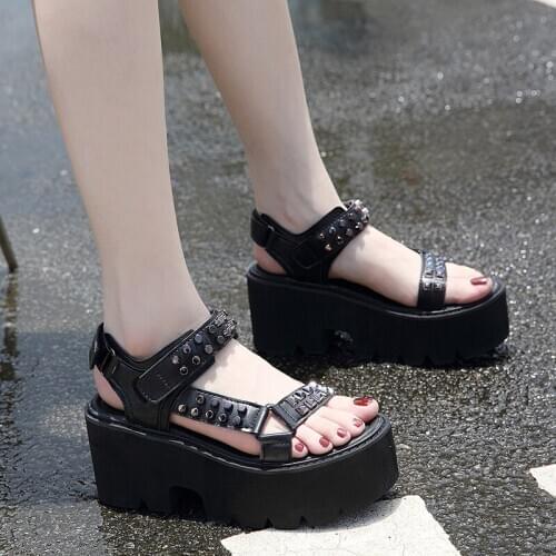 Sexy Rivets Platform heels Sandals Women Chunky Heels Black Punk Gothic Thick Bottom Comfort Shoes For Women Office shoes