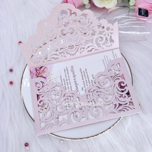 Cordially Inviting- Light Pink Laser Cut Pocket Wedding Invitations Hollow Quinceanera Invitation DIY Invites for Anniversary P