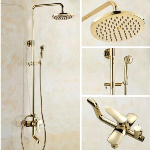 Modern Golden Brass Wall Mount 8" Rain Bathroom Rainfall Shower Faucet Set with Hand Spray Shower Head Bath Tub Mixer Tap 2gf304
