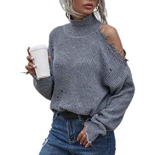 Women Sweater High Collar Sweater Batwing Long Sleeve Knitwear Ripped Off Shoulder Knitting Jumpers for Office