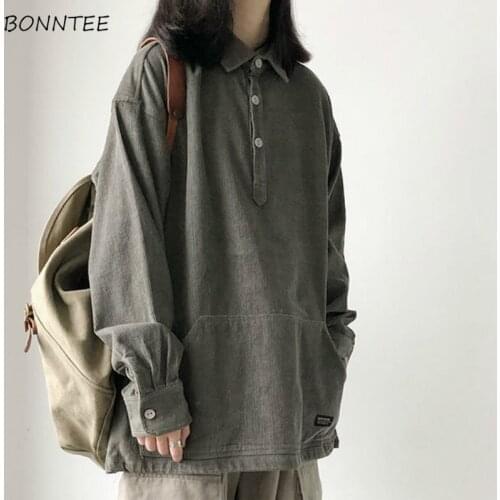 Sweatshirt Women Casual Loose Turn-down Collar Front Pocket Fashion Couple Hoodies All-match Corduroy Long Sleeve Simple Ulzzang