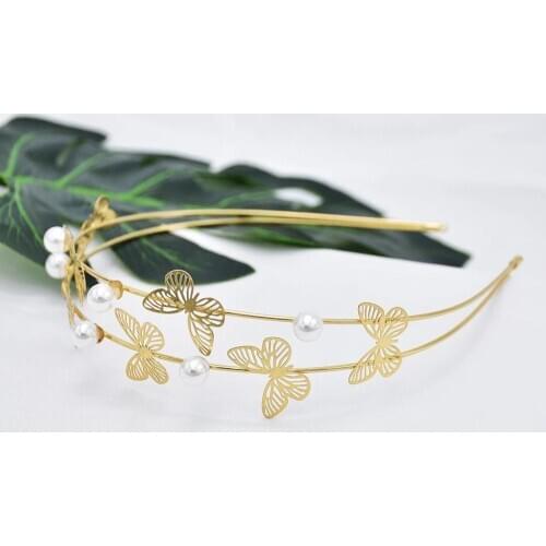 Western Fashion Retro Hair Bands For Women Wedding Metal Gold Silver-color Butterfly pearl Hair Headbands Girls Bride Hair Acces