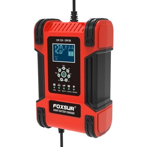FOXSUR Motorcycle & Car Battery Charger 12V 24V 12A Pulse Repair Charger LiFePO4 AGM Deep cycle GEL EFB Lead-Acid Charger