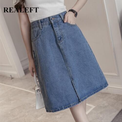 REALEFT Plus Size Womens Denim A-Line Skirts Vintage OL Style High Waist Front Split Umbrella Female Midi Skirt Spring Summer