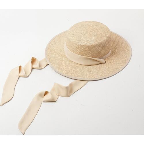 01901-HH7321 2019 new desige summer treasure grass Hand knitted long ribbon holiday fedoras cap women leisure beach hat