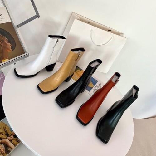 21 Newest Winter Shoes Woman Mature Genuine Leather Ankle Boots Woman Short Boots Square Toes High Heels Boots Woman Botas Mujer