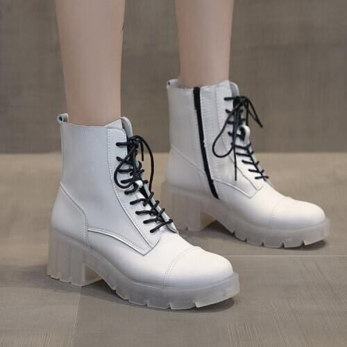 Womens Black White Ankle Boots Lace Up Transparent Sole Motor Round Toe Shoes J61