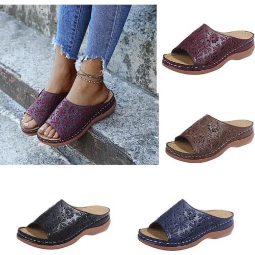 Womens Wedges Heels Slippers 2021 Summer Platform Shoes Ladies Vintage Slides Hollow out Flowers Sewing Shoes Large Size 43