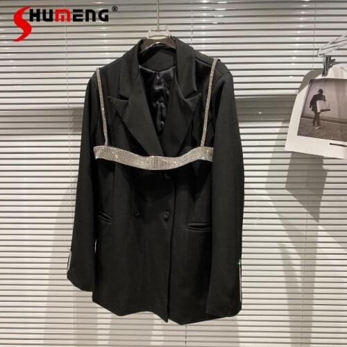 2021 Spring New Fashion Rhinestone Shiny Sling Vest Long Sleeve Suit Sequin Blazer Two-Piece Suit for Women Jacket Outwear