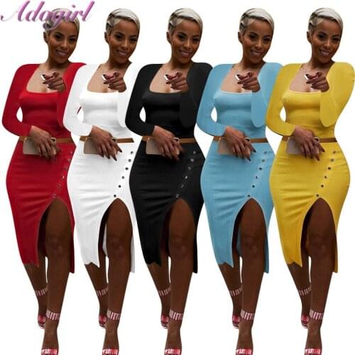 Casual Rib Knit Skirt Suit Women Autumn Outfit Two Piece Set Solid Long Sleeve T-Shirt Top High Split Skirt Party Club Matching