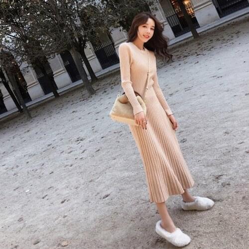 Women Bodycon Dress Autumn Winter Solid Color Slim Long Sleeve Sweater Long Dresses