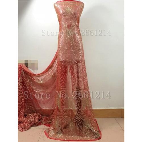Gold color glitter red mesh special hand print glued glitter lace fabric embroidery lace for evening dress
