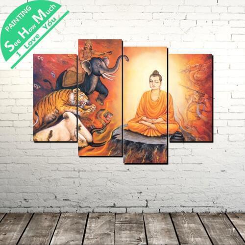 4 Piece Gautam Lord Buddha Photos Modern Wall Pictures for Bedroom Print Canvas Painting Living Room Home Decoration