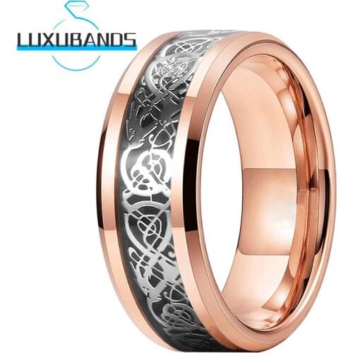 8MM Tungsten Wedding Rings For Women Men Rose Gold Beveled Edges Dragon Black Carbon-Fiber Inlay Polished Finished Comfort Fit