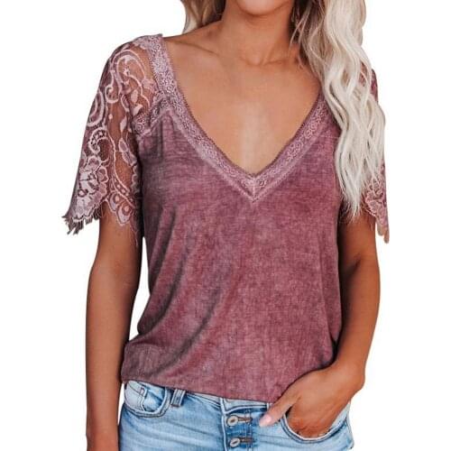 80%HOTWomen T-shirt V Neck Feather Lace Sleeve Summer Loose Backless All Match Top for Daily Wear