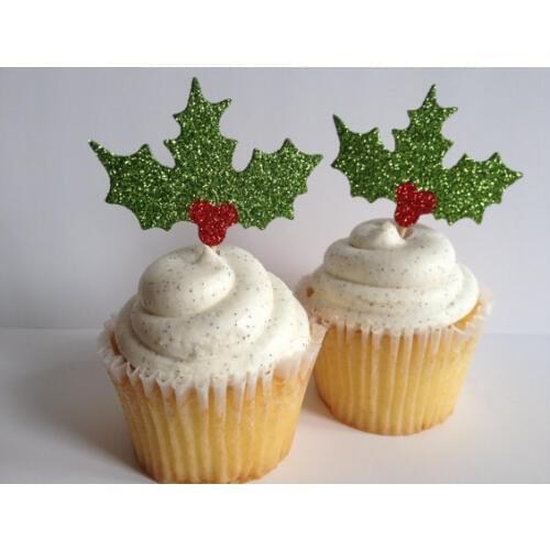 Glitter Holly Leaves and Berries Christmas Cupcake Toppers Party Bachelorette birthday Wedding Bridal Shower Night food picks