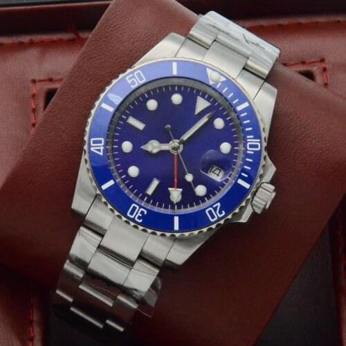 Luxury40MM Blue Dial Luminous Mens Watch Automatic GMT Mechanical Clock Oyster Strap