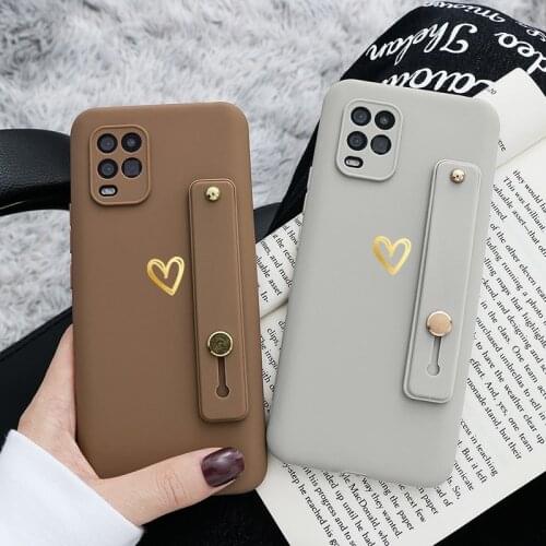 Gold Love Heart Wrist Strap Funda For Xiaomi Poco F3 X3 NFC Redmi Mi Note 10 S 10T 11 9 9A 9S SE 8 T 7 6 5 K40 Lite Pro Max Case