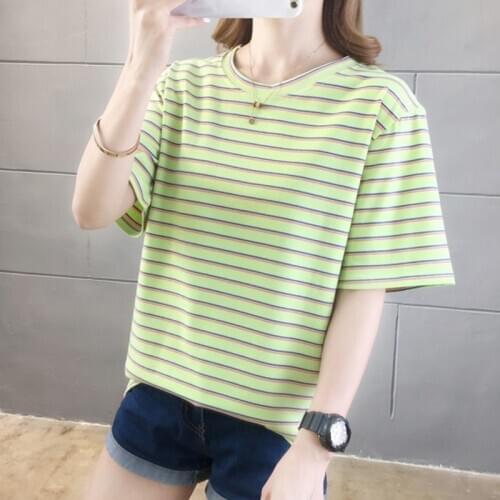 Colored Striped T Shirt Summer New Tshirts For Women Fashion Casual Wild Tops Crew Neck Short Sleeve Tee